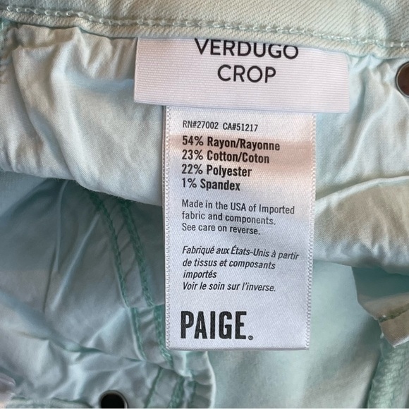 Paige Verdugo Crop Skinny Straight Leg Mid-rise Mint Green or Blue Jeans; 27 - Picture 6 of 9